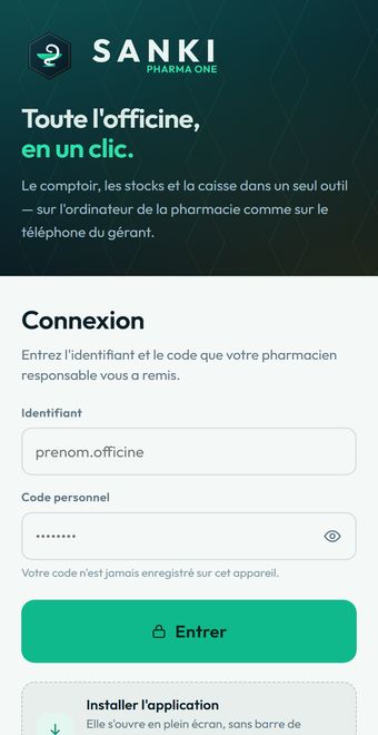 Écran de connexion de SANKI PHARMA ONE sur téléphone