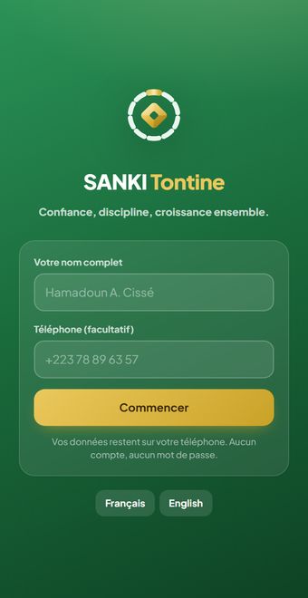 Écran d'accueil de SANKI TONTINE